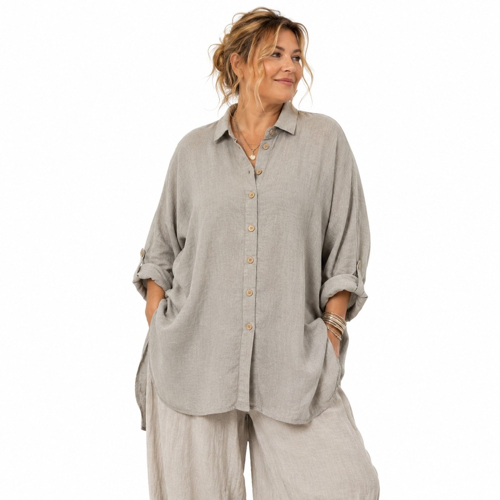 FLAX Jeanne Engelhart Women 2G 22 24 Beige Gray 100% Linen Shirt Lagenlook Tunic